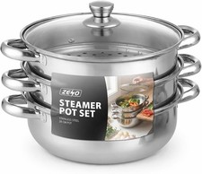 27CM 4PC STEAMER COOKER POT SET PAN COOK FOOD GLASS LIDS 3 TIER STAINLESS STEEL