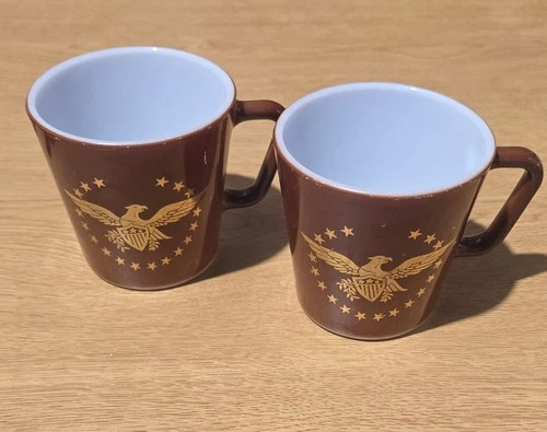 Vintage Pyrex Eagle Mugs Set of 2 Brown Milk Glass 709 USA 10oz 1970s Patriotic