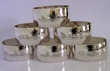 SIX SOLID SILVER NAPKIN RINGS EASTERN IRAQI c1920 112g ANTIQUE