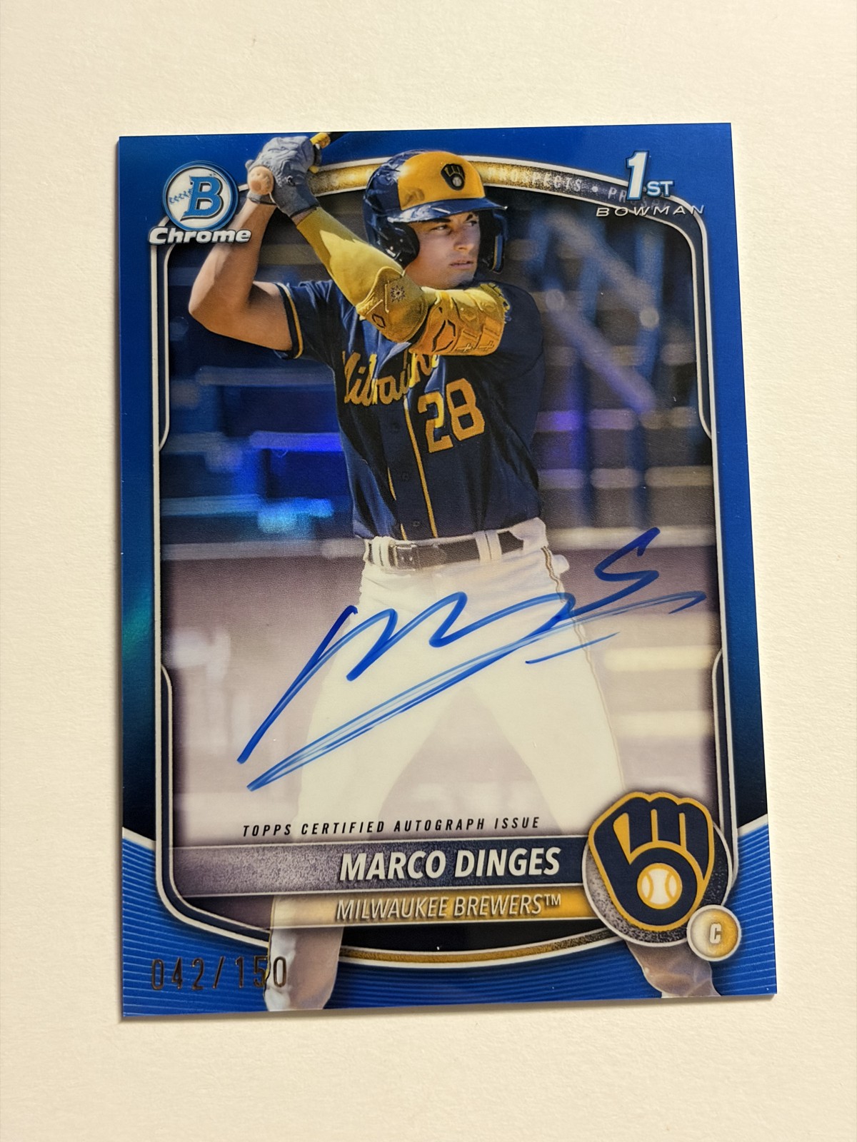 Marco Dinges 2025 Bowman Chrome 1st Prospect Autograph Blue /150 Brewers