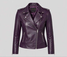 Women's Genuine Lambskin Purple Leather Motorcycle Biker Jacket Zip Front Coat