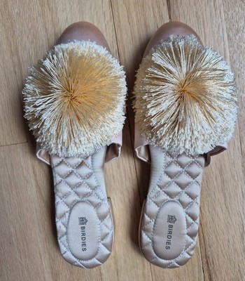 Birdies Songbird Pom Pom Slides Ballet Flats Mules Size 7 Champagne Satin