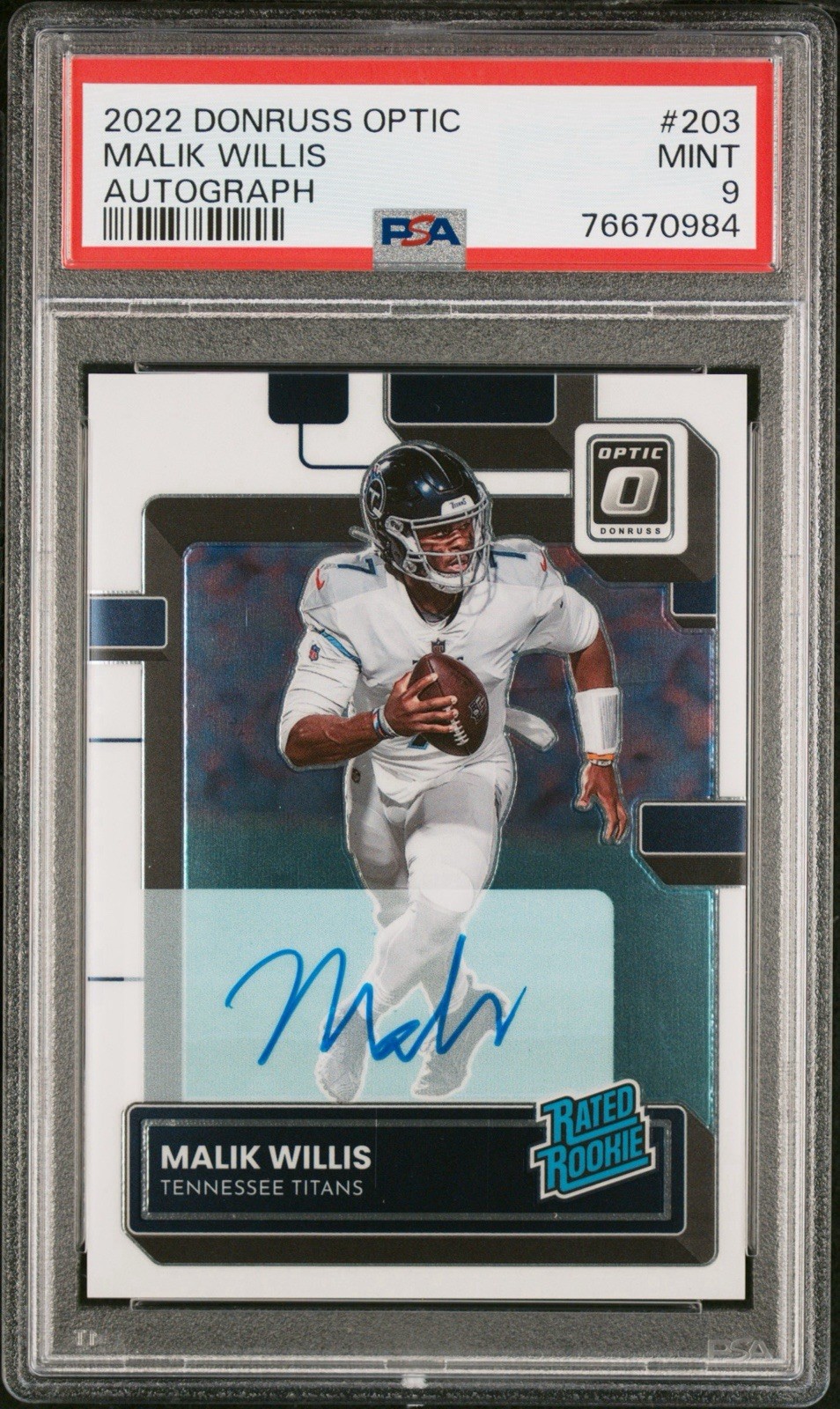 2022 MALIK WILLIS PANINI DONRUSS OPTIC RC ROOKIE AUTO AUTOGRAPH 141/150 PSA 9