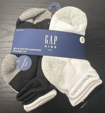 Gap Kids 8 Pair Boys White Black Gray Cotton Quarter Socks Shoe Size 7-10 NEW