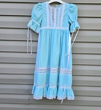 Vintage Handmade Girls Blue Lace Dress Victorian Puff Sleeve Ruffle Hem Size 8