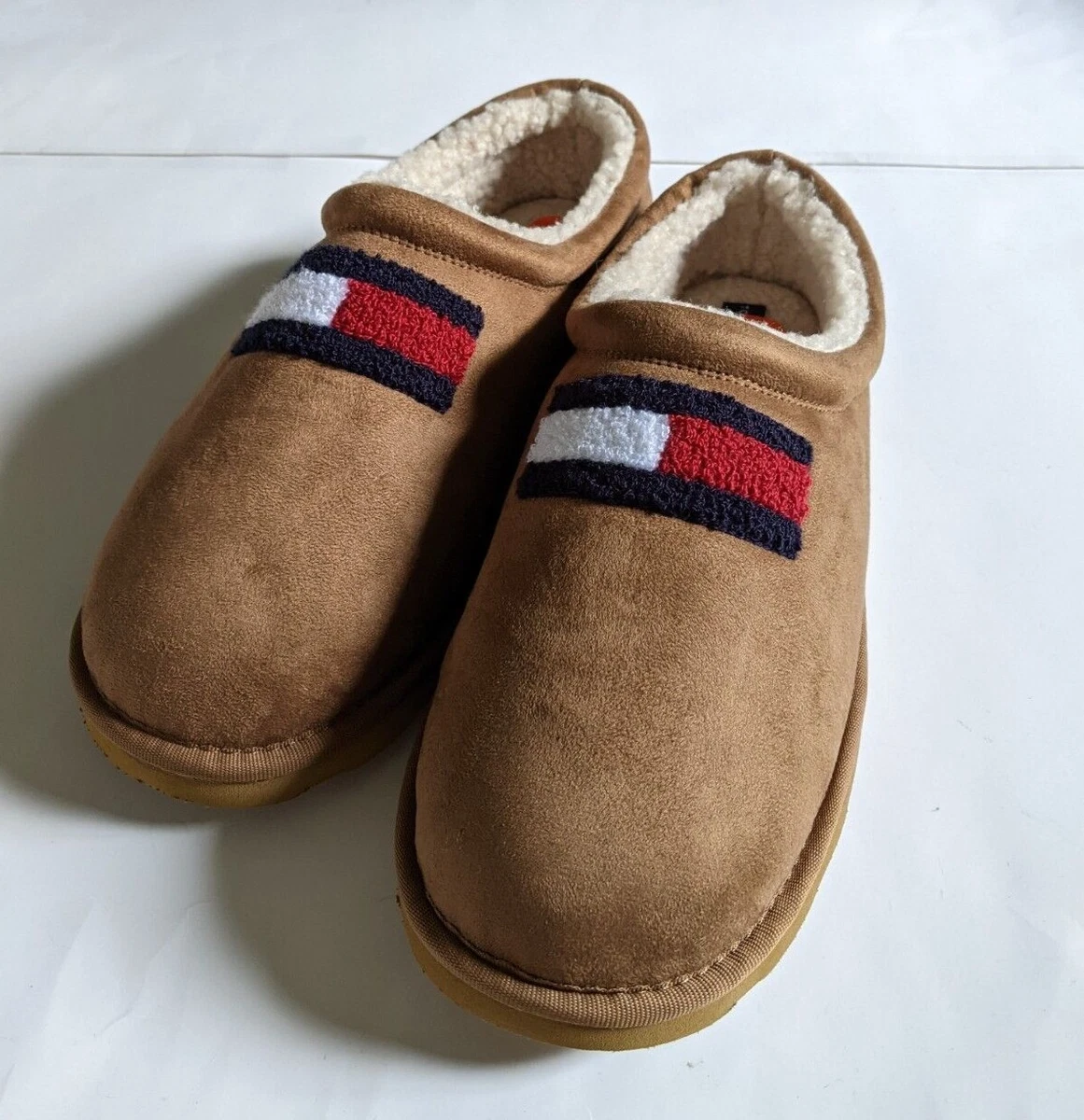 Kridt Katastrofe loyalitet Tommy Hilfiger Men`s Faux Fur Slippers Flag LOGO Size 8 9 10 11 Brown Gray  Navy | eBay