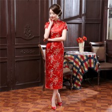 Chinese Traditional Qipao Women Silk Satin Long Cheongsam Red Wedding Paty Dress