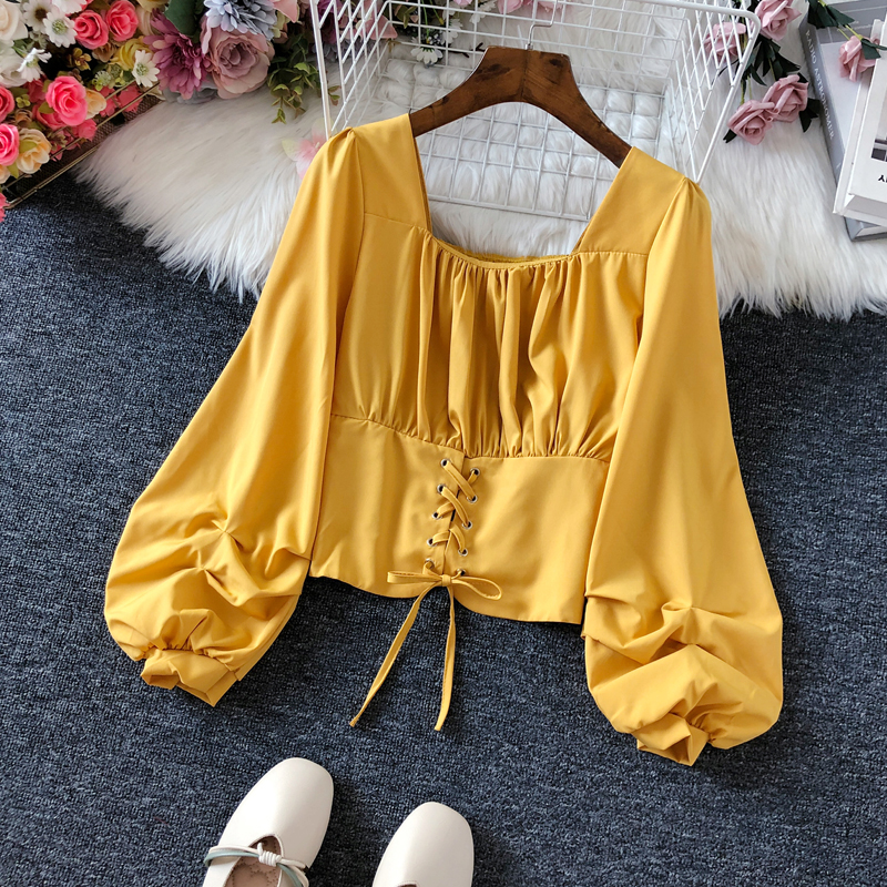 Sexy Lady Long Puff Sleeve Shirt Lace Up Blouse Crop Top Pullover