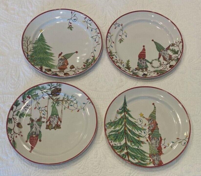 Pottery Barn FOREST GNOME Set of 4 SALAD PLATES Holiday CHRISTMAS