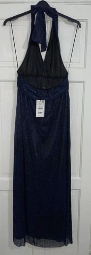 MAXI ABITO ZARA BLU NERO SCINTILLANTE COLLO ALTO SCHIENA APERTA CHIFFON TAGLIA L NUOVO CON ETICHETTE - Foto 8 di 11