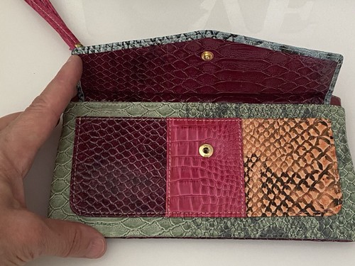 Vintage Faux Reptile Leather Multicoloured Patchwork Wallet Wrist Purse Clutch - Picture 7 of 24