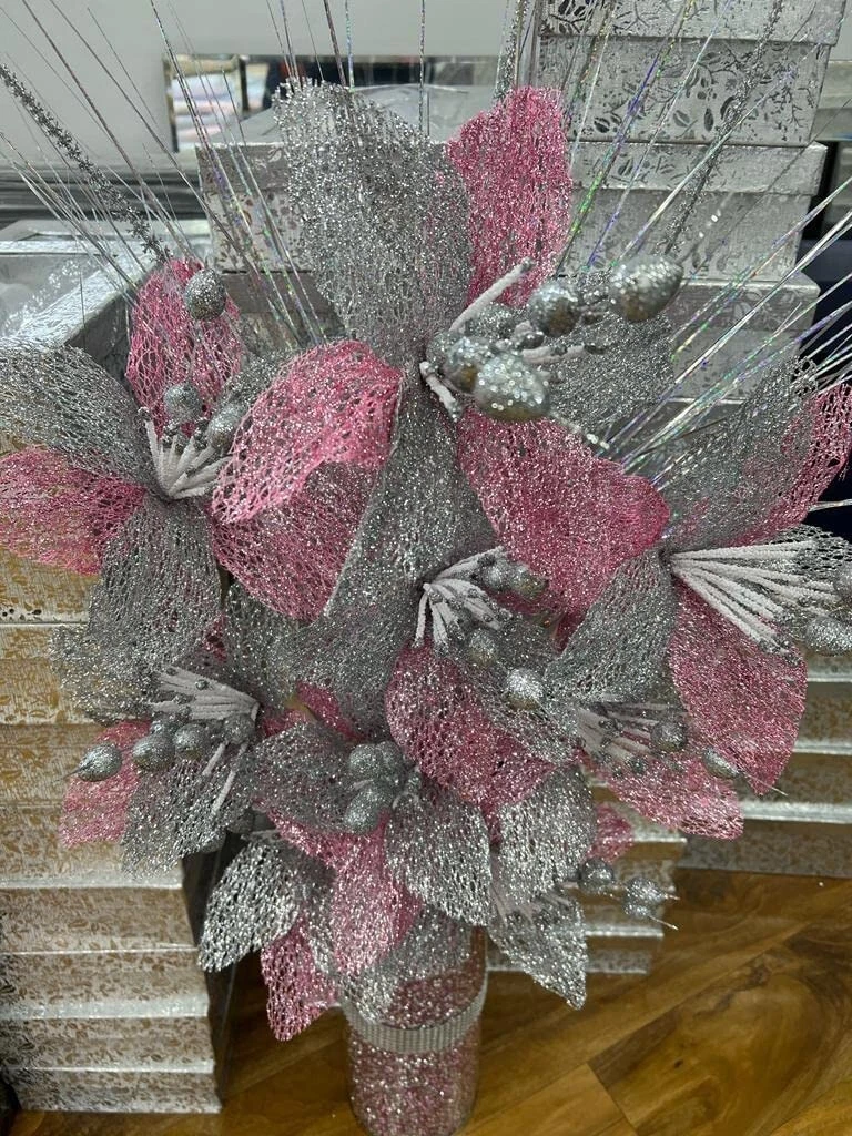 Bunch Of Artificial Flowers Ornament Glitter For Vase Home Decoration Grey Pink