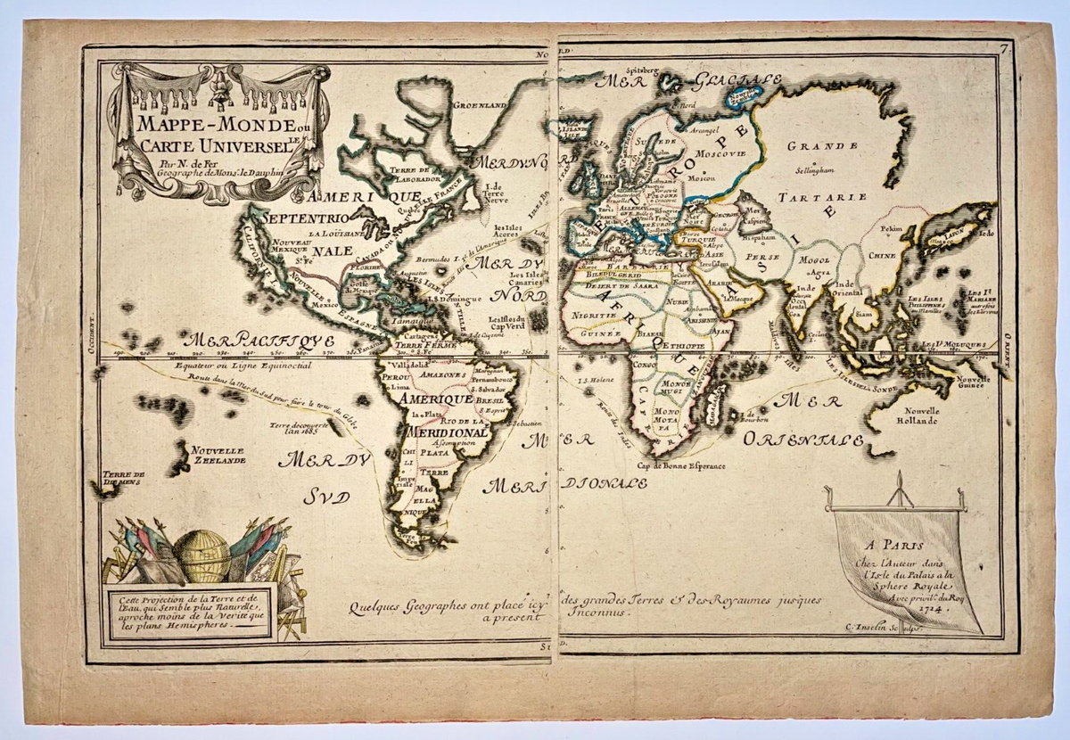 WORLD MAP MERCATOR'S PROJECTION 1714 NICOLAS DE FER ANTIQUE MAP