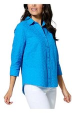 Jaclyn Smith Embroidered Cotton Voile Buttoned Shirt Blue