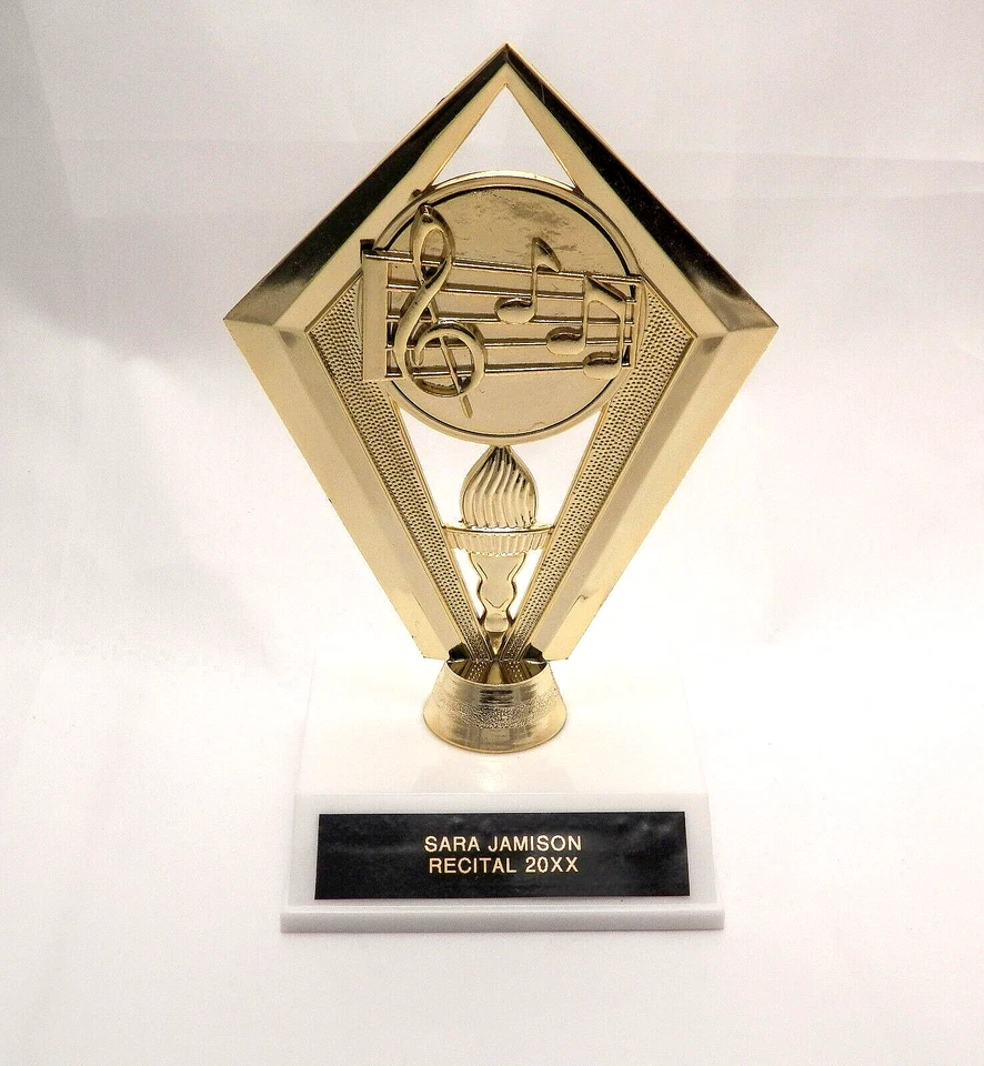 🎵 MUSICAL NOTES TROPHY AWARD PERSONALIZED GOLD COLOR PLASTIC ON WHITE BASE