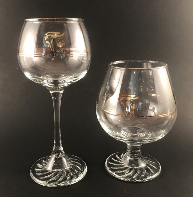 1988 Olympics Calgary Canada Glasses Gold Trim Brandy Sniffer & Wine