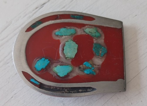 Artisan Horseshoe Enamel Fill With Turquoise Accents Belt Buckle Country Navajo - Picture 1 of 4