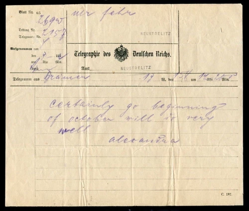 UNUSUAL TELEGRAM FROM QUEEN ALEXANDRA WIFE OF KING EDWARD VII NEUSTRELITZ