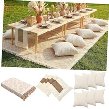 Extra Large Outdoor Boho Picnic Blanket 150'' X 71'' Beige White Table Runner
