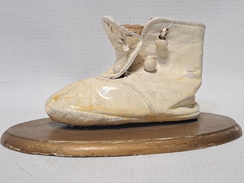 Antique Early 1900's Leather High Button-Up Baby Shoe Boot Mounted Wood Display