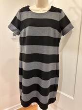 Ann Taylor LOFT Dress Sz Medium Shift Short Sleeve Wide Stripe Black & Gray