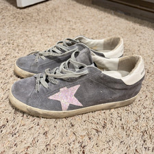 Golden Goose Super-Star Gray Suede Low Top Sneakers Pink Glitter Star US 8.5