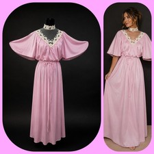 VTG 70s JCPenney Pink Lace Trim Flutter Sleeve Maxi Dress Cottagecore Boho