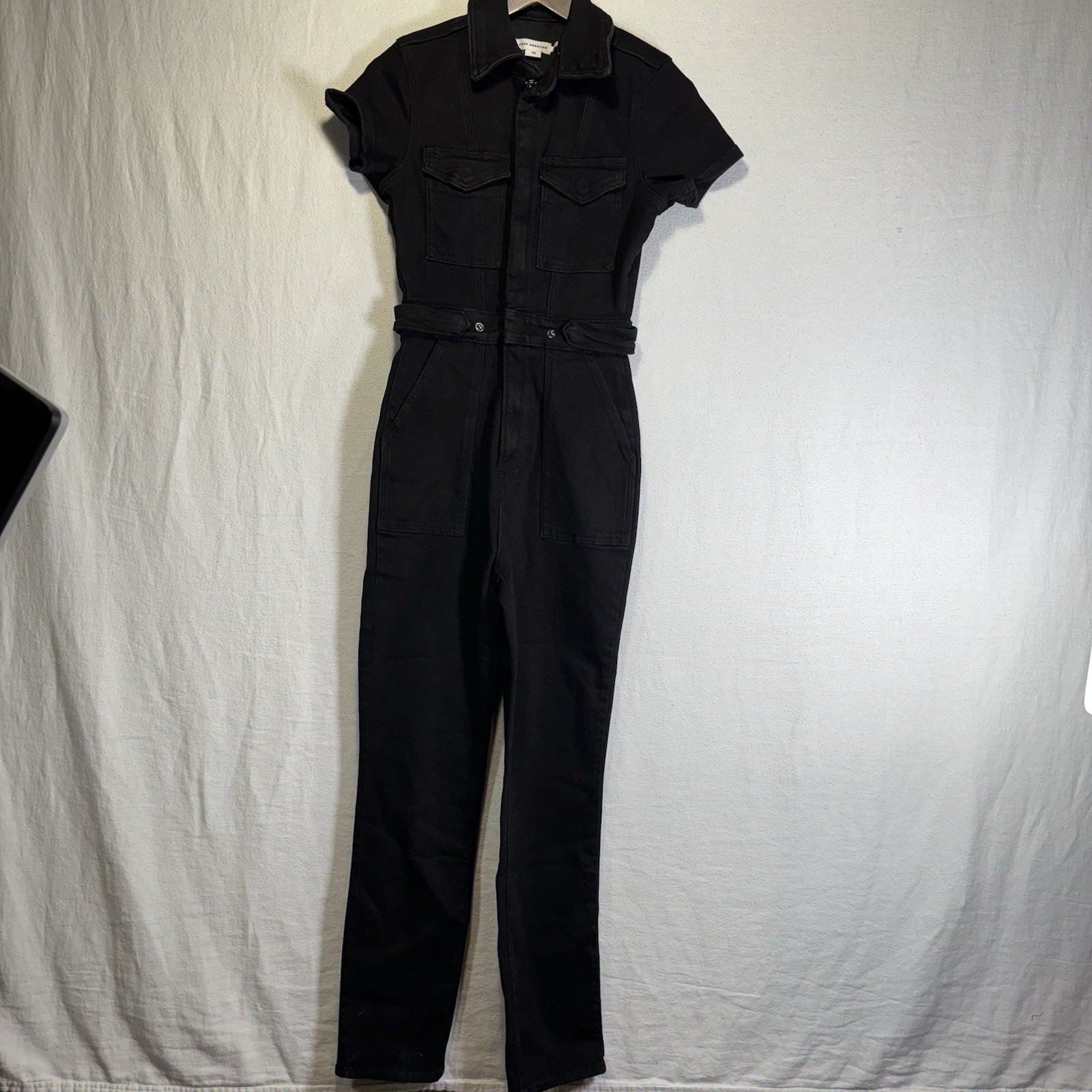 Good American Black Denim Short Sleeve Utility Jumpsuit Belted Zip Front Size XS