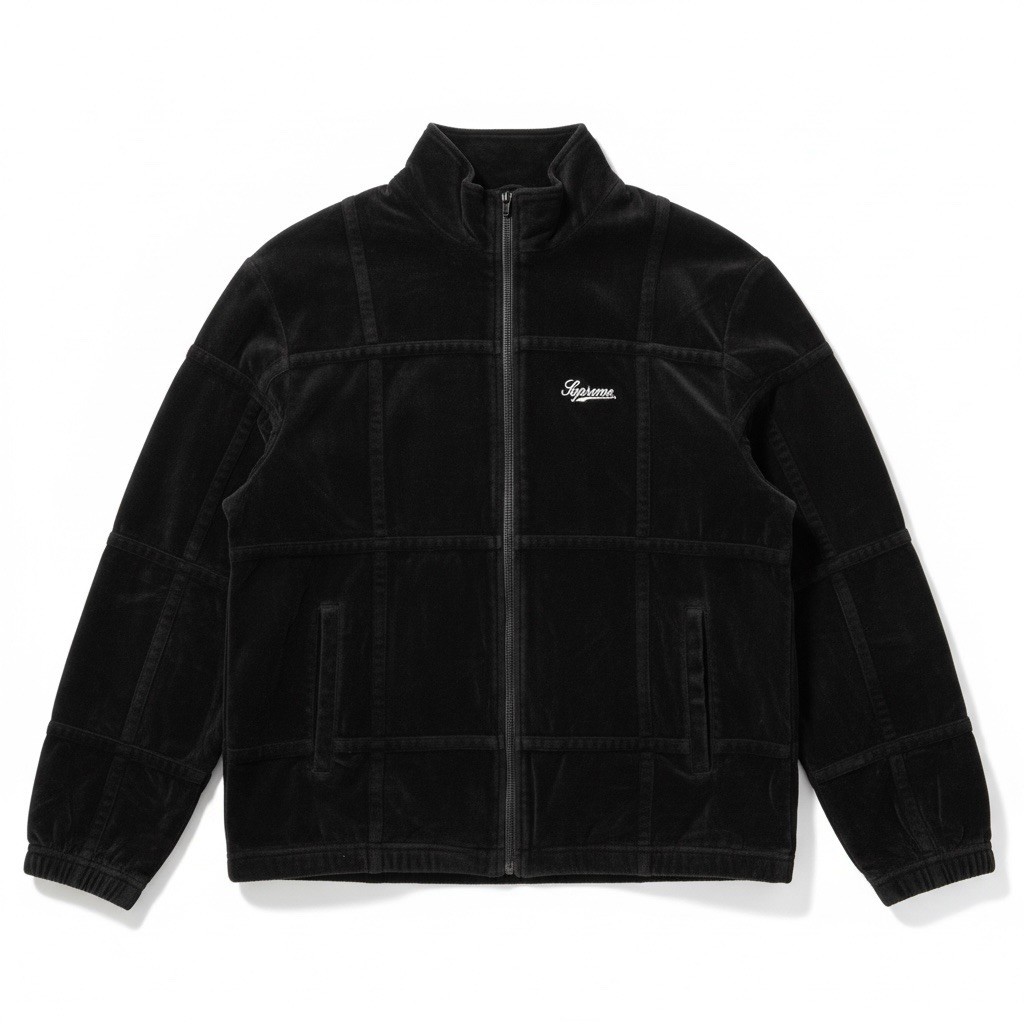 ジャケット・アウター Supreme Grid Taping Velour Jacket Black Supreme Grid Taping Velour Full Zippered Jacket - Black - SIZE