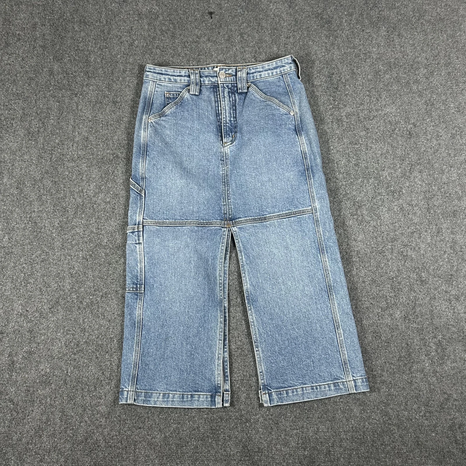 ALC Alden Denim Midi Skirt Paneled Medium-wash front split hem Women's 4 #2947
