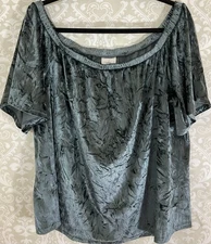 KNOX ROSE Women’s Blouse XL Deep Green Crushed Velour S/S Elastic Neckline