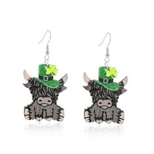 St. Patrick's Day Earrings Green Lucky Clover Highland Cow Wooden style 1