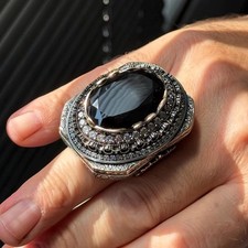 Men Sterling Silver Large Onyx Ring, Handmade Black Onyx Ring