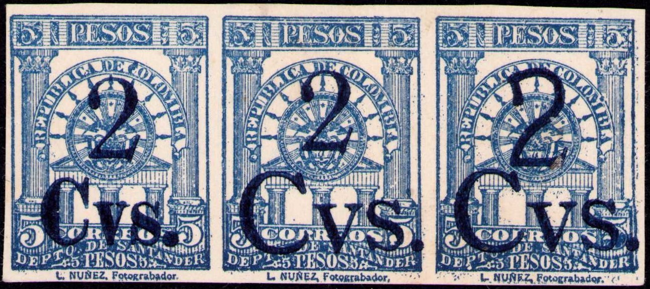 COLOMBIA - SANTANDER - 2c STRIP W/ DIFF SURCHARGES - Yv  54 - 1907 RR
