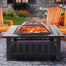 32" Outdoor Wood Burning Fire Pit Table with Accessories, Black