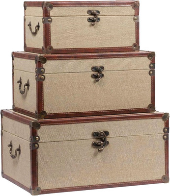 Farmhouse Decorative Storage Trunks Set of 3 Linen and Wood Boho Vintage Boxes w