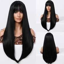 100 Human Hair Fashion Women's With Bangs Long Black Straight Party Wigs 26In