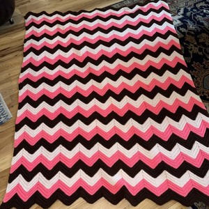 Vintage Hand Crochet Knit Blanket Handmade Throw Afghan Pink Brown and White