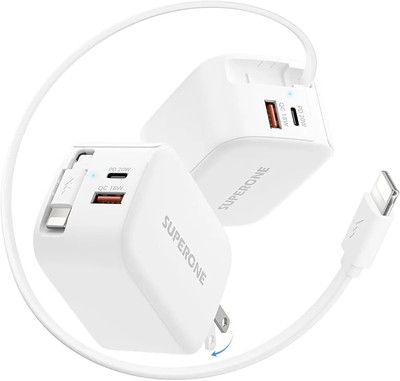 SUPERONE 3-in-1 Retractable iPhone Charger Block with Apple Cable, 58W Fast USB