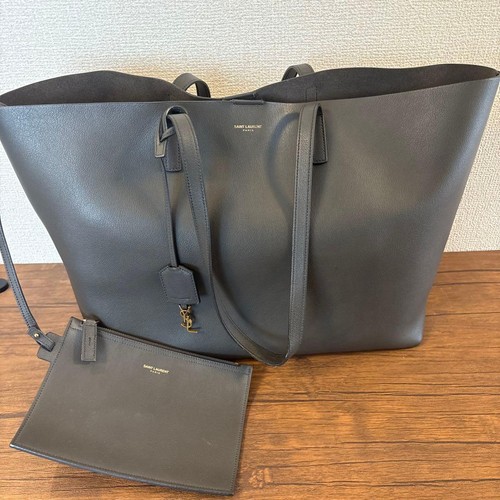 YSL Saint Laurent Tote Shoulder Bag with Pouch Gray Leather Logo Women's