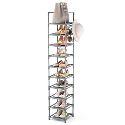 10-Tier Grey Narrow Shoe Rack, Tall, Skinny, Organizer, 10-15 Pairs, Corner
