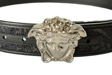 Versace Black Jacquard Leather Canvas Silver Medusa Head Buckle Belt US 34 IT 85