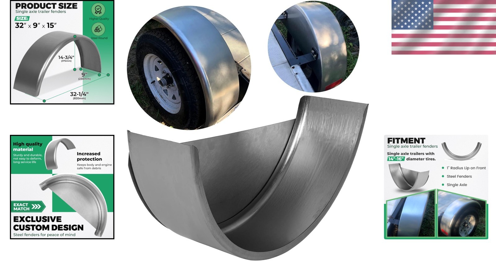Heavy-Duty 32'' Steel Round Trailer Fender for 14''-16'' Wheels, Easy to Install