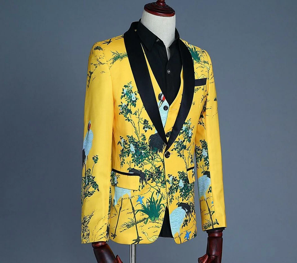 3 piezas Trajes Estampado Floral Para hombres Un Botón Chaleco Abrigo Pantalones Calce Ajustado Vestido de Boda Foto 4 de 4