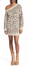 STEVE MADDEN Leopard Animal Print Sweater Knit Dress Slouchy Shoulder Women M