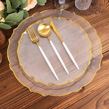10 Clear 10 in Disposable Plastic Salad Dinner PLATES Gold Scalloped Rim Party