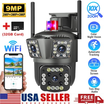 3 Lens HD 1080P WiFi IP Camera Wireless Outdoor CCTV PTZ Home Security IR Cam US