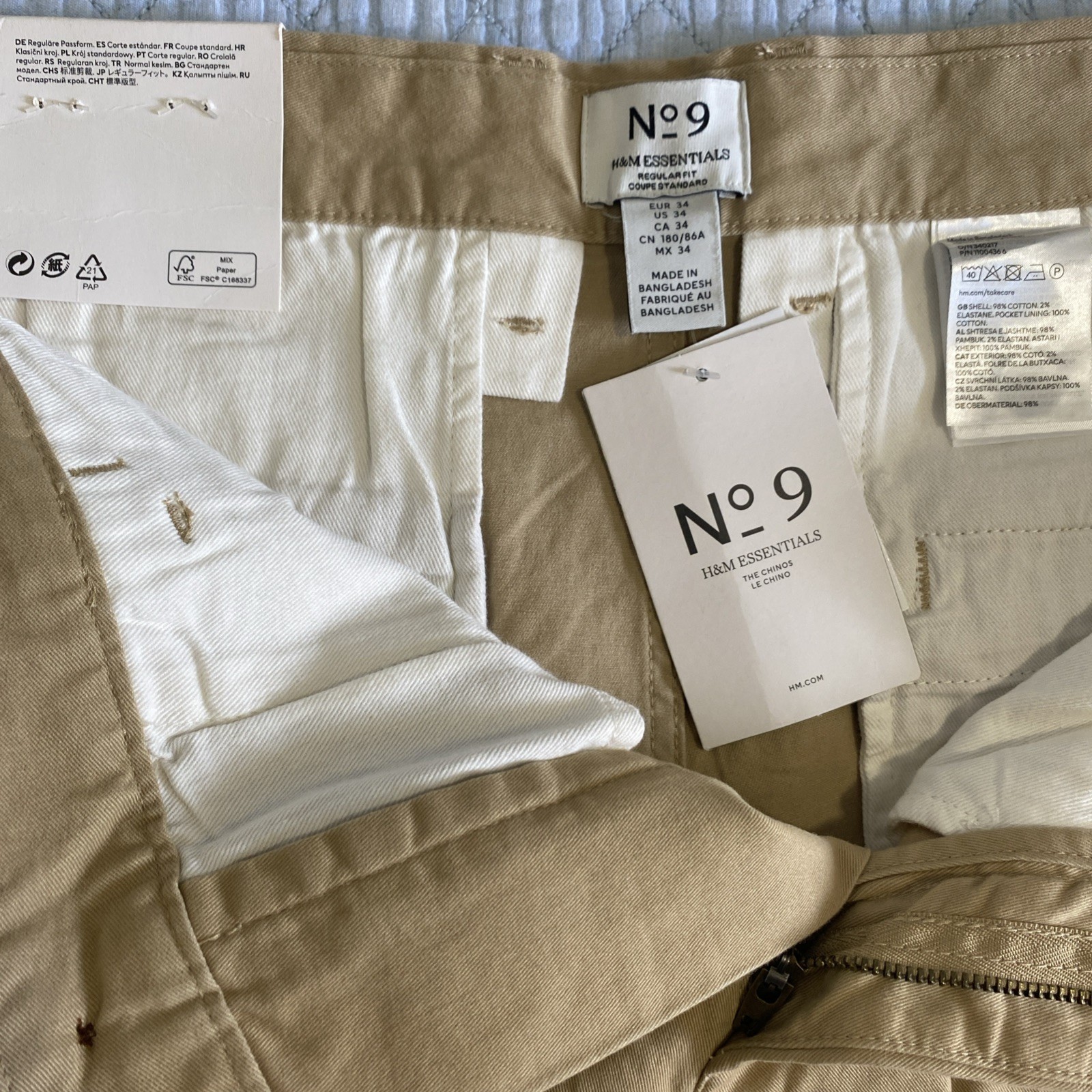 H&M Essentials No.9 Men’s Pants 34 Khaki Regular Fit Chinos Beige (36x30 Actual) thumbnail 5