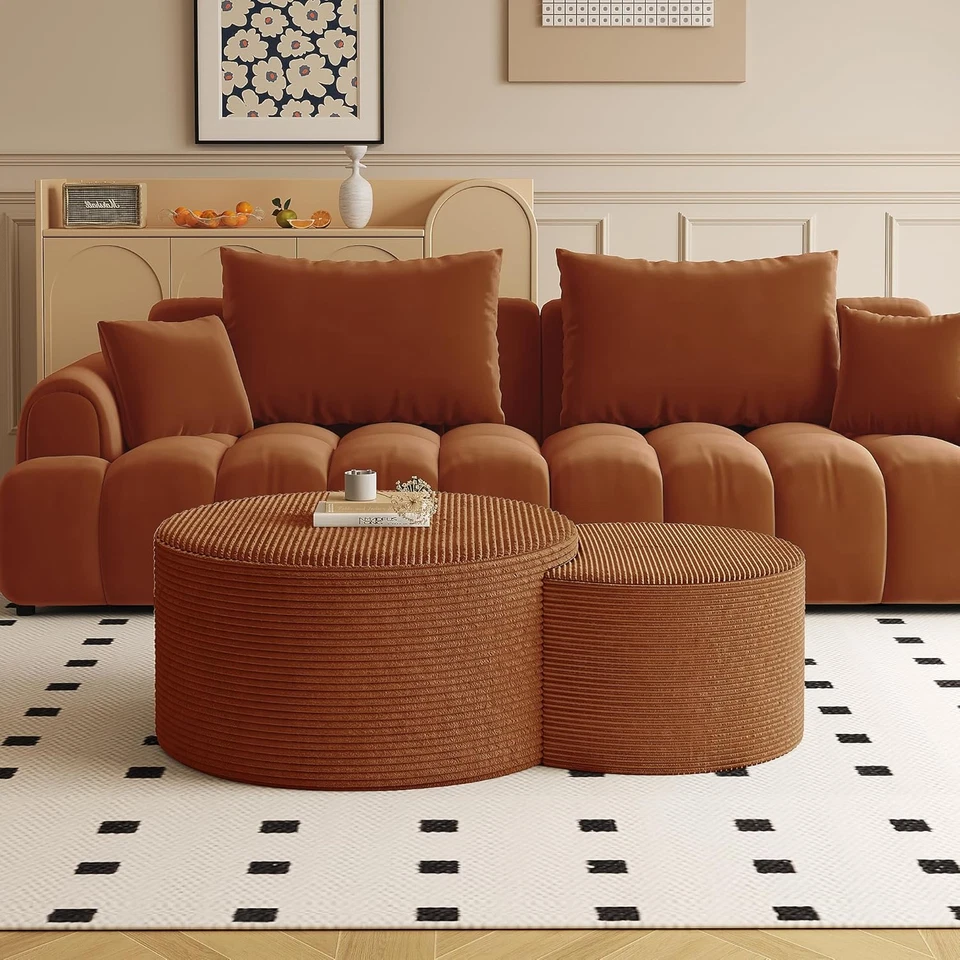 Nesting Coffee Table Set of 2, Upholstered round Corduroy Circle Foam round Side - Image 3 of 4