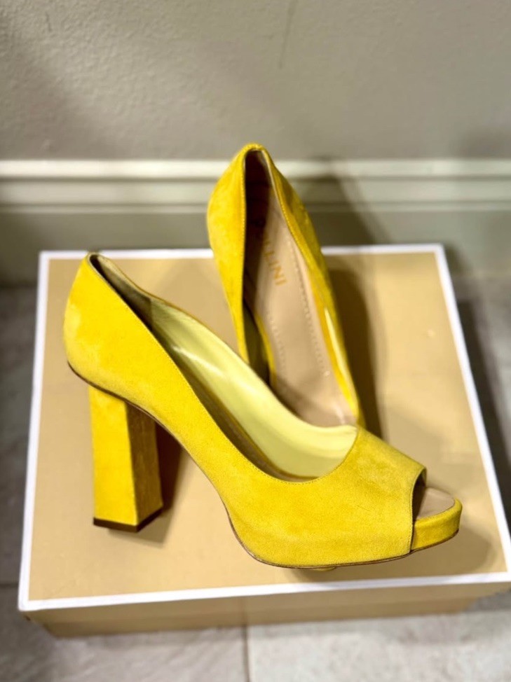 Yellow Suede Peep Toe Block Heel Pumps Slip On Women's Shoes